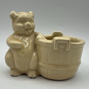 Small Vintage Yellow USA Pottery Pig Barrel Planter Pencil Holder 4" Cactus